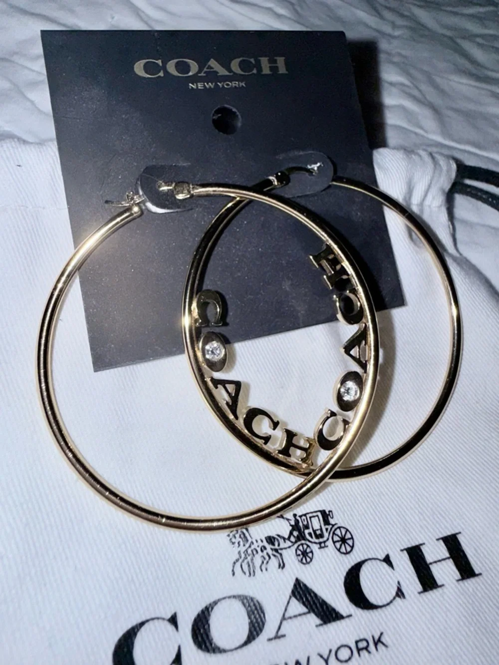 Coach Gold-Tone Hoop Earrings with Logo and Crystal Accents - Picture 2 of 4